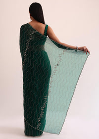 Bottle Green Chinon Saree With Cut Dana Embroidery And Unstitched Blouse