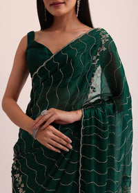 Bottle Green Chinon Saree With Cut Dana Embroidery And Unstitched Blouse
