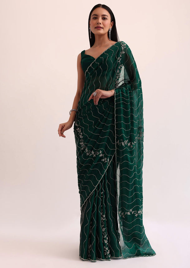Bottle Green Chinon Saree With Cut Dana Embroidery And Unstitched Blouse