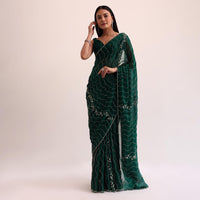 Bottle Green Chinon Saree With Cut Dana Embroidery And Unstitched Blouse