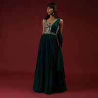 Bottle Green Corset Gown With A Colorful Resham Embroidered Bodice And A Gathered Drape On One Shoulder