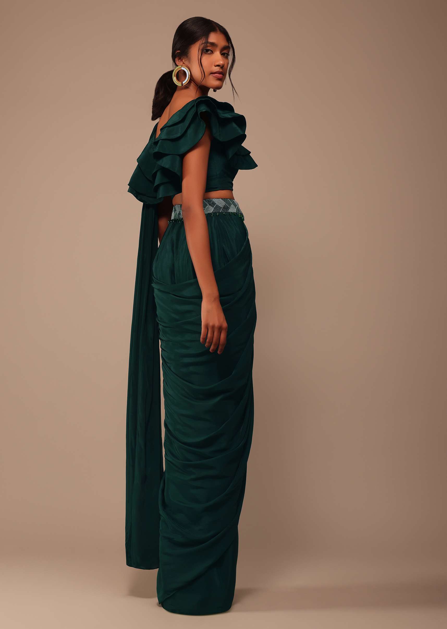 Bottle Green Crepe Saree With Fancy Blouse And Embroidered Belt