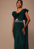 Bottle Green Crepe Saree With Fancy Blouse And Embroidered Belt