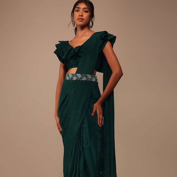 Bottle Green Crepe Saree With Fancy Blouse And Embroidered Belt