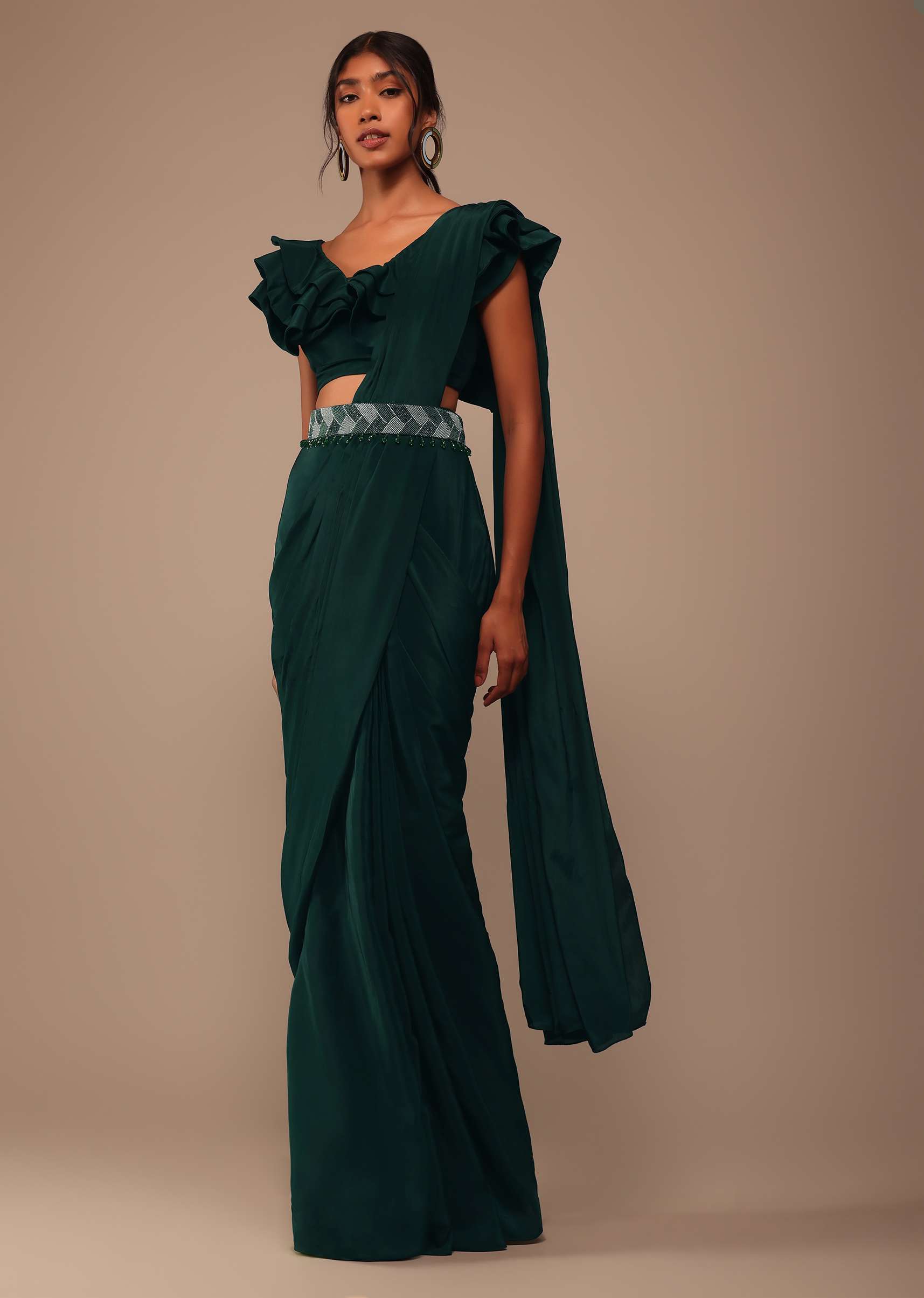 Bottle Green Crepe Saree With Fancy Blouse And Embroidered Belt