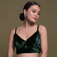 Bottle Green Crop Top In Velvet With Double Straps And V Neckline