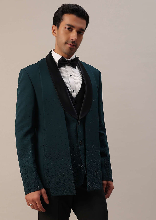 Bottle Green Crystal Studded Tuxedo Set In Polyester