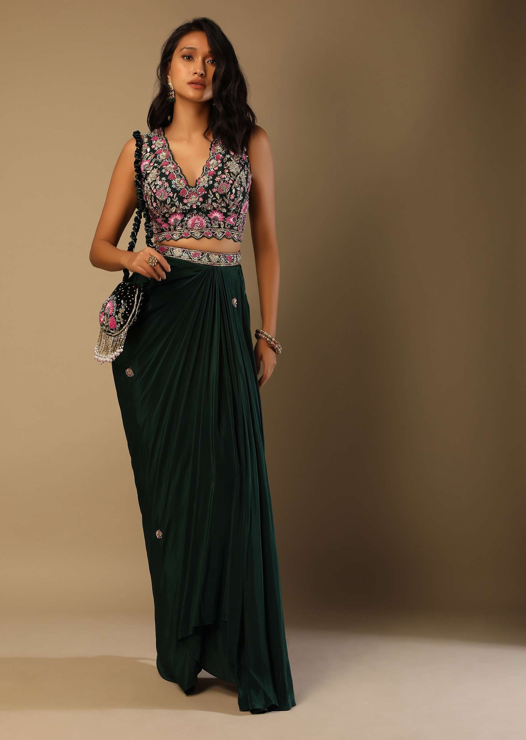 Bottle Green Dhoti Skirt And Choli With Multi Colored Hand Embroidery In Floral Motifs