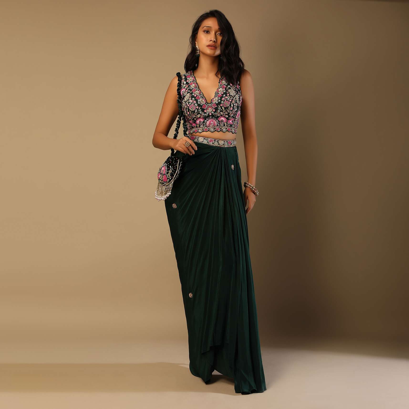 Bottle Green Dhoti Skirt And Choli With Multi Colored Hand Embroidery In Floral Motifs