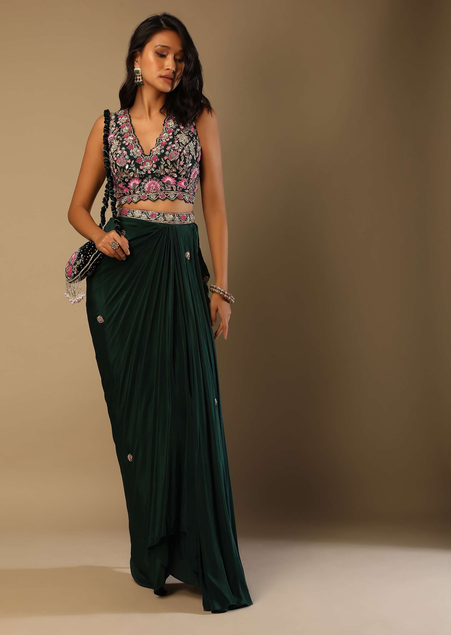 Bottle Green Dhoti Skirt And Choli With Multi Colored Hand Embroidery In Floral Motifs