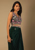 Bottle Green Dhoti Skirt And Choli With Multi Colored Hand Embroidery In Floral Motifs