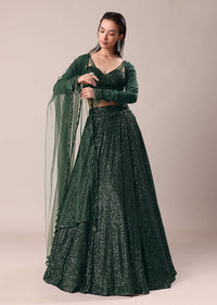 Bottle Green Embroidered Lehenga And Blouse With Dupatta