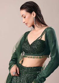 Bottle Green Embroidered Lehenga And Blouse With Dupatta