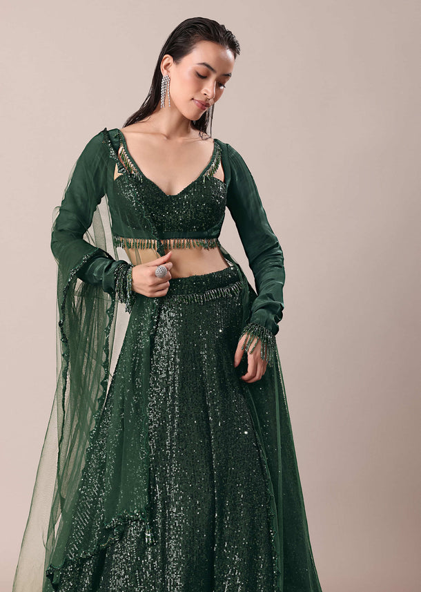 Bottle Green Embroidered Lehenga And Blouse With Dupatta