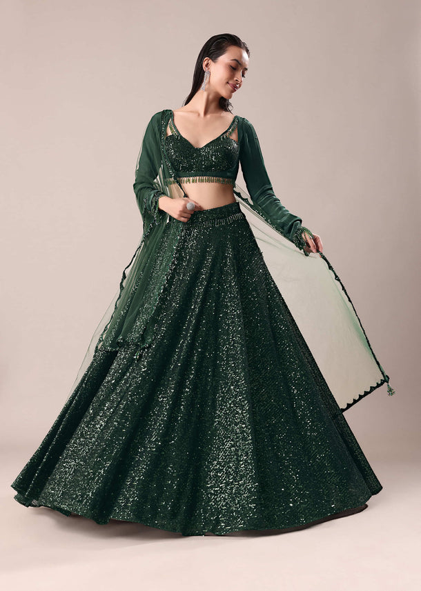 Bottle Green Embroidered Lehenga And Blouse With Dupatta