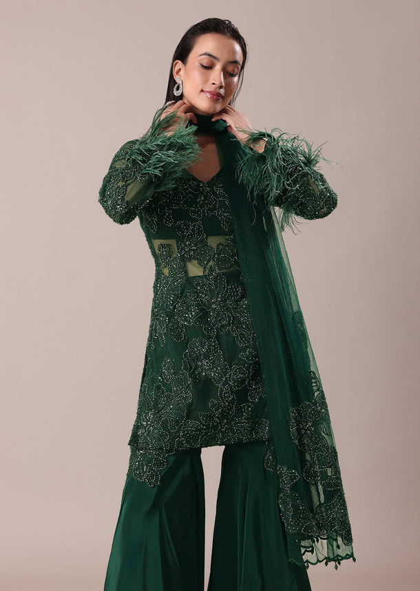 Bottle Green Fancy Sequins Palazzo Suit