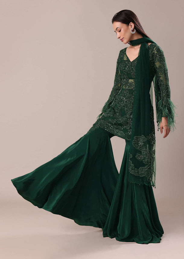 Bottle Green Fancy Sequins Palazzo Suit