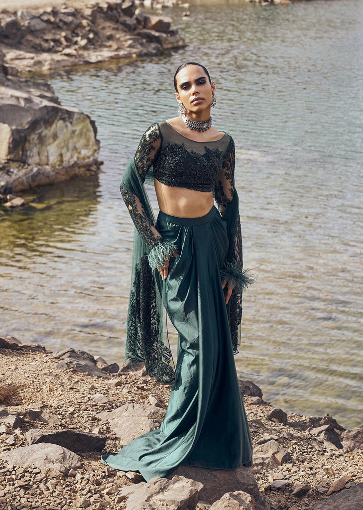 Bottle Green Feather Blouse With Draped Skirt And Dupatta
