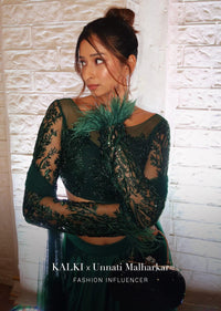 Bottle Green Feather Blouse With Draped Skirt And Dupatta