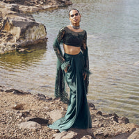 Bottle Green Feather Blouse With Draped Skirt And Dupatta