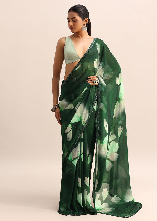Bottle Green Floral Printed Georgette Saree With Sequin Border And Unstitched Blouse