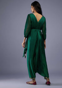 Bottle Green Gajji Silk Attached Shrug With Silk Jumpsuit