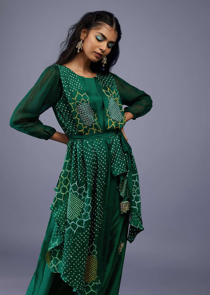 Bottle Green Gajji Silk Attached Shrug With Silk Jumpsuit