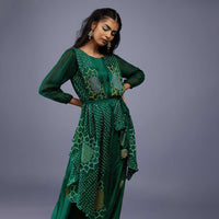 Bottle Green Gajji Silk Attached Shrug With Silk Jumpsuit