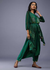 Bottle Green Gajji Silk Attached Shrug With Silk Jumpsuit