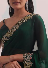 Bottle Green Glass Tissue Saree With Embroidery Border