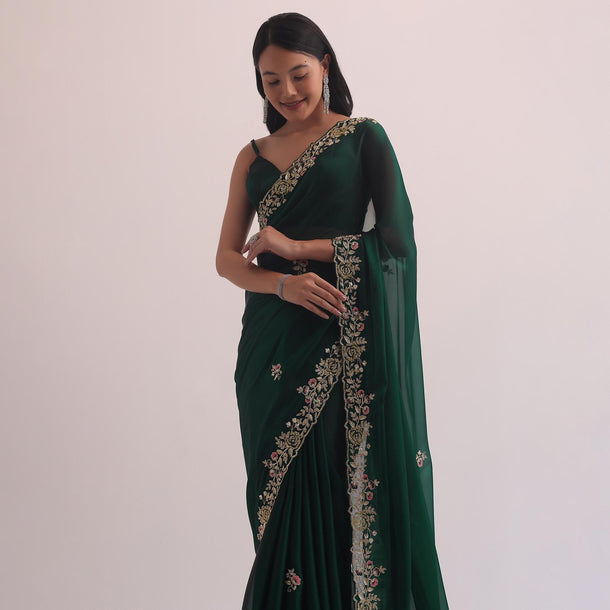 Bottle Green Glass Tissue Saree With Embroidery Border