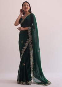 Bottle Green Glass Tissue Saree With Embroidery Border