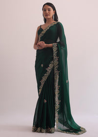 Bottle Green Glass Tissue Saree With Embroidery Border