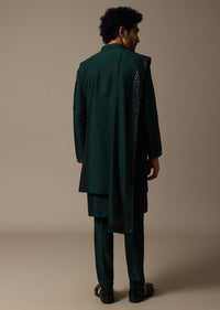Bottle Green Kurta Jacket Set In Sequins For Men
