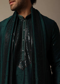 Bottle Green Kurta Jacket Set In Sequins For Men
