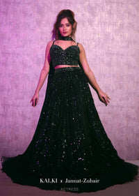 Bottle Green Lehenga Embellished In Sequins With A Cut Dana Embellished Velvet Corset