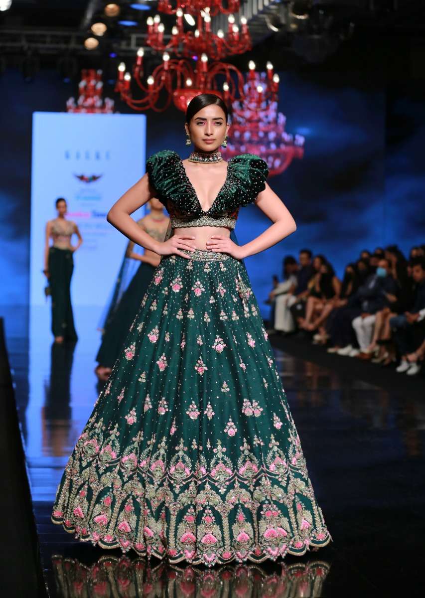 Bottle Green Lehenga And Puff Necked Choli With Multi Colored Hand Embroidered Mughal Motifs