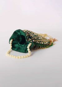 Bottle Green Mirror Work Silk Potli With Tassels And Pearl Handle