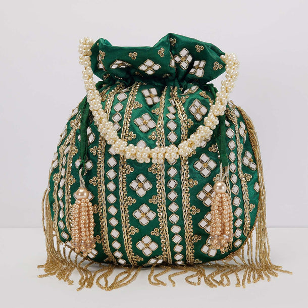 Bottle Green Mirror Work Silk Potli With Tassels And Pearl Handle