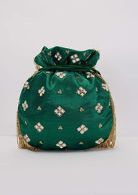 Bottle Green Mirror Work Silk Potli With Tassels And Pearl Handle