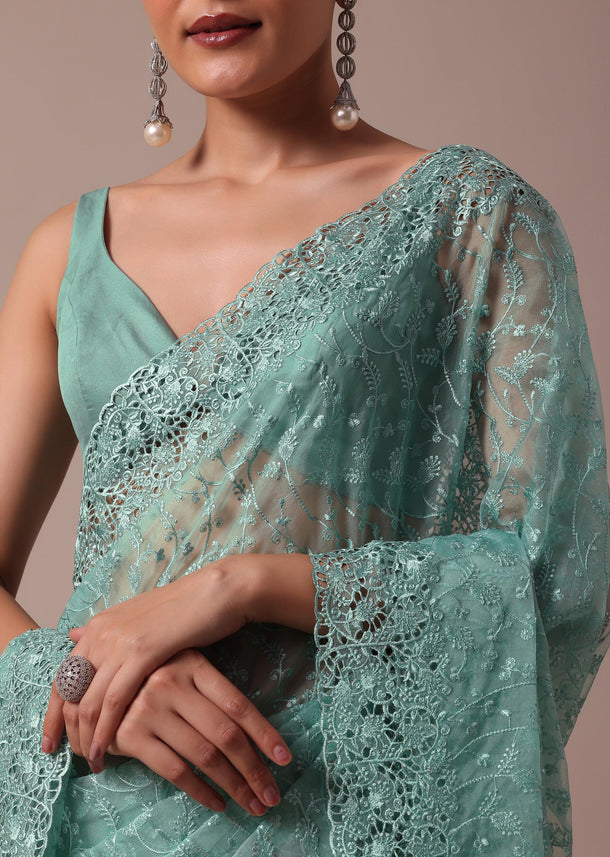 Bottle Green Organza Saree With Unstitched Blouse