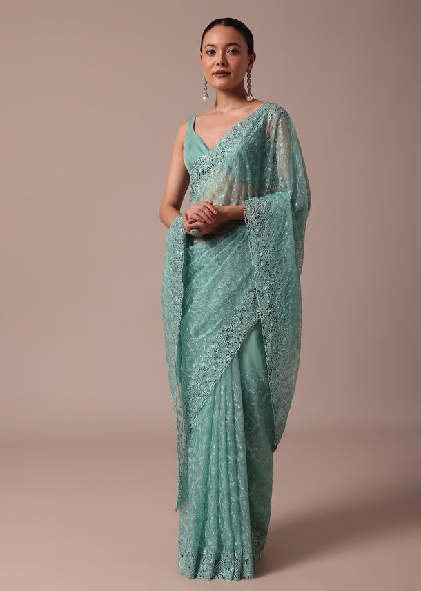 Bottle Green Organza Saree With Unstitched Blouse