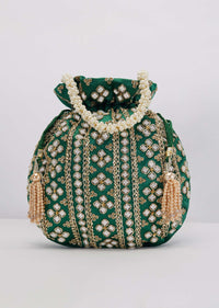 Bottle Green Potli In Satin With Hand Embroidery Detailing Using Mirror And Zardosi In Geometric Design