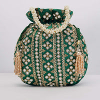 Bottle Green Potli In Satin With Hand Embroidery Detailing Using Mirror And Zardosi In Geometric Design