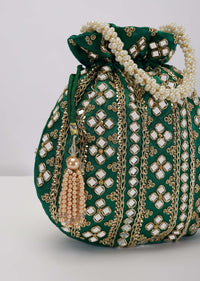 Bottle Green Potli In Satin With Hand Embroidery Detailing Using Mirror And Zardosi In Geometric Design