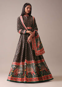 Bottle Green Printed Anarkali Suit Set In Tussar Silk