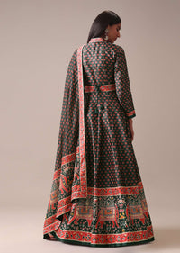 Bottle Green Printed Anarkali Suit Set In Tussar Silk