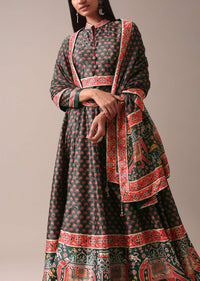 Bottle Green Printed Anarkali Suit Set In Tussar Silk