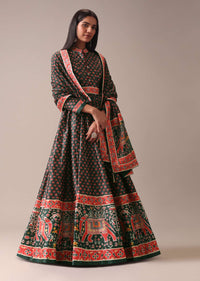 Bottle Green Printed Anarkali Suit Set In Tussar Silk