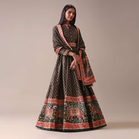 Bottle Green Printed Anarkali Suit Set In Tussar Silk